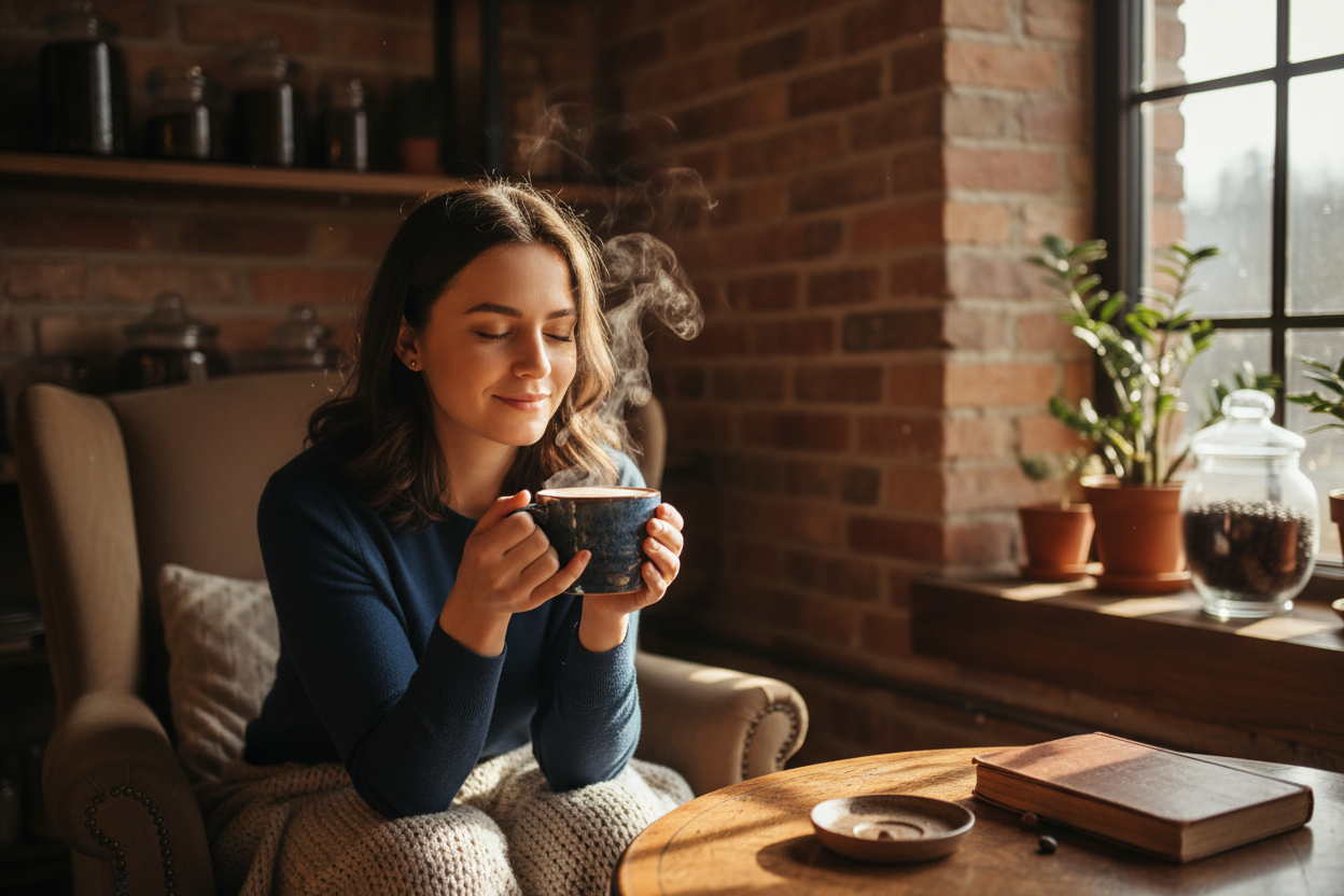 njuter av en god kopp kaffe